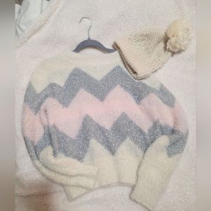 Cute Wool Chevron Pink and Silver Sweater and Betsey Johnson Hat